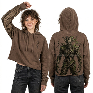 Sweat à capuche Voodoo personnalisé pour femme, couleur camel, avec manches patchwork effet usé et motif graphique, coupe oversize, style streetwear, fournisseur en gros - Product Image 2