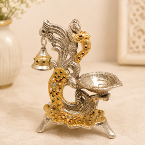 Lampe à huile Paon en argent et or faite à la main, Diya suspendu, cloche, art déco indien traditionnel, léger, décoratif, Mandir Diwali - Product Image 2
