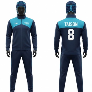 Survêtement d'entraînement de rugby pour hommes en polyester premium 280 GSM, bleu marine et turquoise avec empiècements contrastants, logo personnalisé par transfert thermique, fermeture éclair intégrale - Product Image 1
