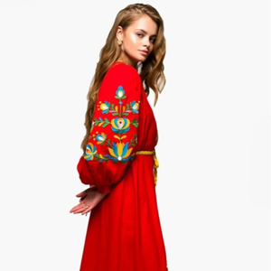 เดรสผ้าฝ้ายปักลายสไตล์โบฮีเมียนสีเหลืองสำหรับผู้หญิง คอวี แขนพอง แต่งพู่ผูกเอว สไตล์ชาติพันธุ์ - Product Image 1