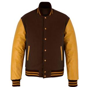 Chaqueta Varsity 2026 OEM Nueva de Lana Marrón Oscuro con Mangas de Cuero Dorado para Hombre, Chaqueta de Moda con Calefacción 100% de Alta Calidad y Bajo MOQ - Product Image 1