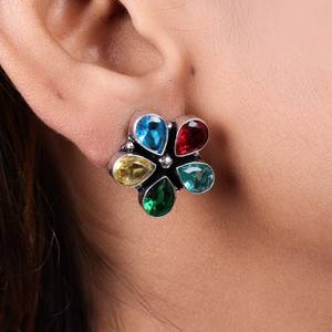 ARTS JEWELS Pendientes de Flor con Circonitas Multicolor para Mujer, de Latón Oxidado Plateado |   Joyería de Regalo con Diseño Floral Tribal Bohemio - Product Image 3