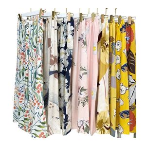 Floral Printed Wide Leg Women Trousers Casual Loose Elastic Waist Summer Beach Pants Breathable Cotton Rayon Blend Trouser - Product Image 3