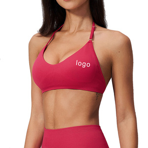 Comfortable Custom Logo Ribbed Seamless Halter Hollow Open <b>Back</b> Removable <b>Pads</b> Yoga Bra Women Gym Running Workout Sports Bra - Product Image 1