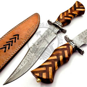 Nouveau Couteau de Chasse Artisanal Haut de Gamme avec Manche en Bois de Rose et Acier Damas, Lame Tranchante Type Bowie, avec Étui, pour Camping, Survie, Randonnée en Plein Air - Product Image 2