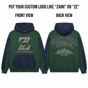 Premium 100% Cotton 330 GSM <b>Fleece</b> <b>Men's</b> Oversized Cartoon Print Pullover Hoodie Green <b>Navy</b> Panel Design Custom Rhinestone - Product Image 1