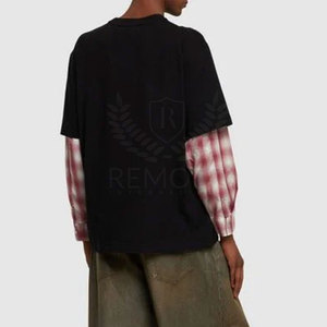 100%Cotton Men's Black T-<b>Shirt</b> With <b>Red</b> Plaid Contrast Sleeves Outdoor Apparel Screen Printed Logo Street Style Casual Top - Product Image 2