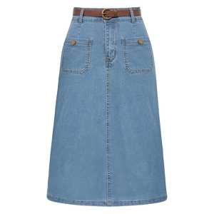 Light Blue Denim Skirt for Women Knee Length Jean Skirt Charm High Waisted Packet Stylish Belt Waisted - Product Image 4