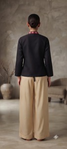 Conjunto de 2 Piezas para Mujer, Blazer Casual de Pana 100% Algodón con Bordado y Estampado, Manga Tres Cuartos, Negro, Secado Rápido - Product Image 3