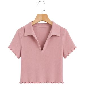 เสื้อโปโลครอปผู้หญิงสีชมพูอ่อน ผ้าริบถัก แขนสั้น ทรงเข้ารูป สไตล์ลำลอง คอวี ผ้าฝ้ายผสมสแปนเด็กซ์ ยืดได้ แฟชั่นฤดูร้อน - Product Image 1