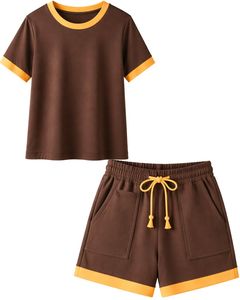 Brown Women Lounge Set Contrast <b>Trim</b> Short Sleeve T Shirt And Shorts Summer Two Piece Outfit Soft Breathable Cotton Blend Set - Product Image 1