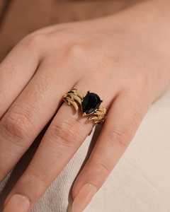 Black Onyx Flame Gold <b>Statement</b> Unique Sculptural Fire Design Bold Gothic Minimalist Handmade Luxury Gemstone <b>Ring</b> for Women - Product Image 1