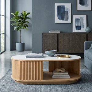 Modern Oval Wood Coffee <b>Table</b> With Storage Shelf Minimalist Living Room Furniture - Product Image 1