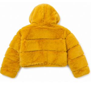 Manteau court en fausse fourrure jaune doré pour femme, veste à capuche en peluche avec patch brodé, chaud et tendance pour l'hiver, style streetwear duveteux - Product Image 2