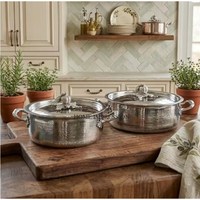 Ensemble de casseroles et poêles antiadhésives modernes en acier inoxydable martelé artisanal, écologique, de qualité supérieure européenne, avec accents citrouille et raisin