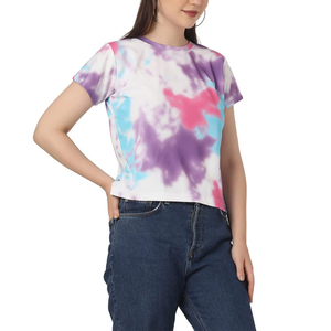 Camiseta Corta de Cuello Redondo con Estampado Tie Dye para Mujer, 100% Algodón Jersey, Transpirable, Informal, de Verano, de Alta Calidad - Product Image 2