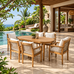 Modern Teak Outdoor <b>Garden</b> <b>Set</b> Waterproof Patio Dining Table and Chairs Rope Woven Cushion Villa Furniture - Product Image 1