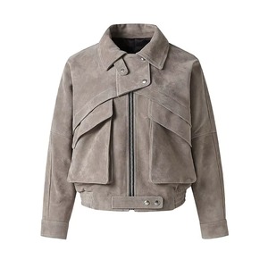 <b>Women's</b> Brown Suede Bomber <b>Jacket</b> With Zipper Closure Turn-down Collar Autumn Style Regular Fit <b>Smart</b> Range <b>Women's</b> Western - Product Image 2