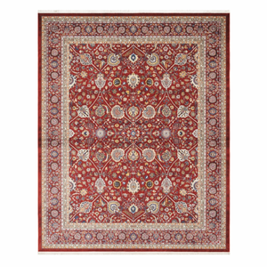 Alfombra de Lujo de Seda Roja de Estilo Persa Tradicional, Hecha a Máquina, con Diseño Floral Oriental para Sala de Estar, Pelo Medio, Diseño Clásico - Product Image 1