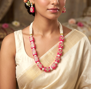 Traditional Indian Kundan Meenakari <b>Pink</b> Bead Necklace <b>Set</b> with Pearl Highlights for Weddings - Product Image 1