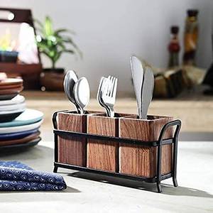 wooden cutlery stand <b>storage</b> holder utensil organizer spoon fork knife <b>kitchen</b> countertop rustic wood holder - Product Image 6