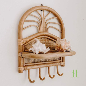 Eco-Friendly Rattan Wall <b>Shelf</b> <b>with</b> <b>Hooks</b> Handmade Wicker Hanging Rack <b>with</b> Storage <b>Shelf</b> and Coat <b>Hooks</b>, Natural Home Organizer - Product Image 3