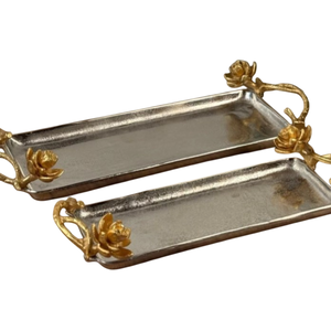 Standard Hand Hammered Design Table Decorative <b>Serving</b> <b>Tray</b> Best Quality <b>Gold</b> Metal <b>Tray</b> With Floral Accent Handle For Wedding - Product Image 3