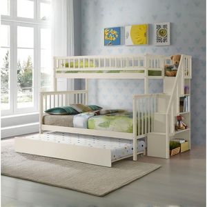 Cream Twin Over Full Stairway <b>Bunk</b> <b>Bed</b> <b>with</b> <b>Trundle</b> Kids' <b>Beds</b> Product - Product Image 1