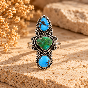 Blue and Green <b>Turquoise</b> 3 Stone <b>Ring</b> Round Oval Round Handmade Western Boho Style Gemstone Statement Jewelry <b>Ring</b> - Product Image 4