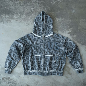 Wholesale Custom <b>Grey</b> Leopard Print <b>Zip</b> Up <b>Hoodie</b> for men and <b>women</b> with Raw Edge Detailing and Chenille Letter Embroidery - Product Image 1