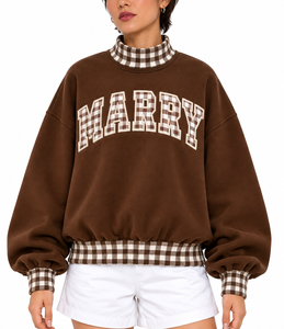 Custom <b>Women</b>’s merry <b>Christmas</b> Oversized Mockneck <b>Sweatshirt</b> Gingham Patchwork Sleeves Letter Applique Embroidered - Product Image 1