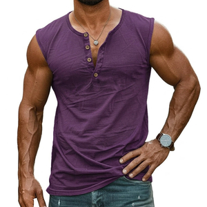 Custom <b>Logo</b> Men's Sleeveless Henley Shirts Slim Fit Muscle Tee Textured Slub Cotton Streetwear Wholesale Price Top Tank Tops - Product Image 2