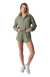 Blouson vert olive pour femme, manches longues, fermeture éclair, coupe-vent, col montant, longueur courte, idéal pour l'été - Product Image 1