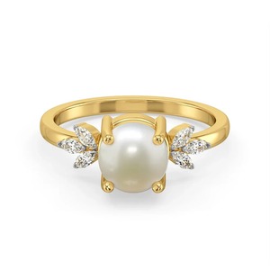 Anillo de Oro Amarillo de 14K con Perla y Diamantes de 0.13CT, Corte Marquesa, Diseño Floral, Joyería Fina, Personalizable OEM, Venta al Por Mayor - Product Image 1