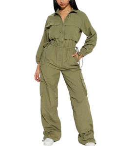 Women Olive Green Full Length Turtleneck <b>Jumpsuit</b> With Drawstring Closure Side Pockets Loose Fit Casual Autumn Wear - Product Image 5