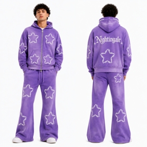 Ensemble sweat à capuche et pantalon de survêtement évasé en molleton épais personnalisé pour homme, avec impression sérigraphiée en relief de haute qualité, style vintage premium Crystal Suit - Product Image 6