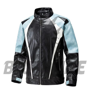 Men's Black Red PU Leather Moto <b>Biker</b> <b>Jacket</b> Stand Collar Zipper Closure Color Blocking Autumn Wear - Product Image 5