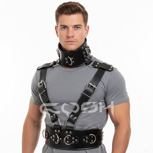 Harnais complet en cuir noir robuste de style bondage avec collier de maintien, poitrine ajustable à boucles et ceinture large à la taille - Product Image 3