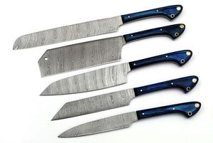 Ensemble de 5 couteaux de cuisine de qualité industrielle, en acier damas fait main, à lame droite et pointe tombante, manches en bois bleu, garantie de 3 ans - Product Image 6