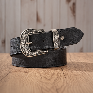 Nuevo Cinturón Western de Cuero Negro Granulado de Primera Calidad para Hombre y Mujer, Estilo Western Clásico, Cinturón Casual Texturizado - Product Image 3