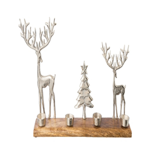 Portavelas decorativo navideño con renos y árbol sobre base de madera de mango - Product Image 5