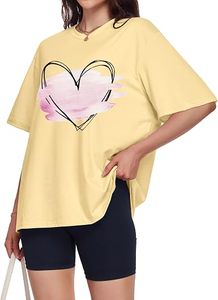 T-shirt jaune surdimensionné pour femme avec imprimé cœur peint à la main, col rond, manches courtes, coupe ample, en coton, style printemps-été - Product Image 6