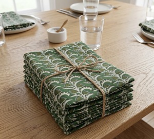 ผ้าเช็ดปากผ้าฝ้ายพิมพ์ลายสีเขียวรูปสี่เหลี่ยมผืนผ้า 6 ชิ้น ตกแต่งโต๊ะแบบชนบททำด้วยมือ - Product Image 3