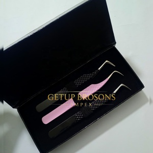 Ensemble de pinces à cils anti-magnétiques à pointe lisse en acier inoxydable de précision, rose et noir, dans un emballage en boîte - Product Image 3