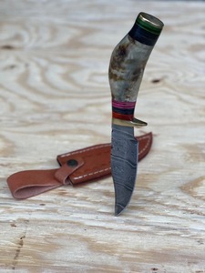 Damascus Fixed Blade Hunting <b>Knife</b> Drop Point Bevel Edge <b>Bone</b> <b>Handle</b> with Leather Sheath - Product Image 3