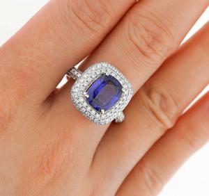 Bague cocktail saphir taille émeraude, pierre naturelle, sertissage pavé, plaqué rhodium, argent 925, style glamour pour femme, fiançailles - Product Image 2