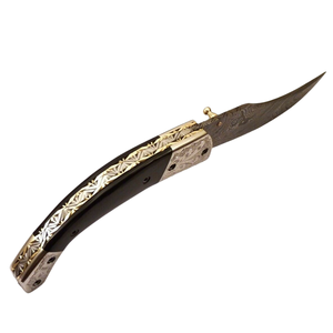 Navaja de bolsillo plegable de acero de Damasco hecha a mano con mango negro, empeines plateados con grabado floral y hoja curva con patrón, cuchillo EDC - Product Image 5