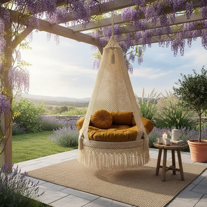 Hamac balançoire en macramé beige, tissé à la main, avec pompons décoratifs, pour intérieur, patio et extérieur - Product Image 6