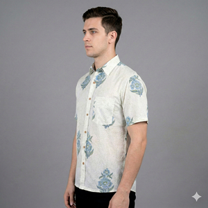 Chemise décontractée pour homme à manches courtes en coton à imprimé floral, col rabattu, fermeture à bouton unique, style tissé respirant pour l'été - Product Image 5
