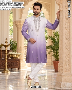 <b>Men's</b> <b>White</b> And Blue Gradient <b>Kurta</b> With Embroidery Sequence Payjama Regular Fit Ankle-Length Traditional Wear All Seasons - Product Image 4